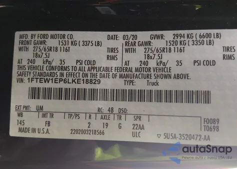 2020 Ford F-150 Xlt z USA, uszkodzony, nr VIN 1FTEW1EP6LKE18829